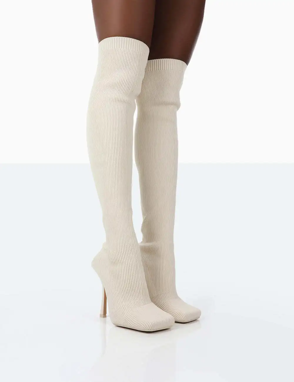 Plus Size Square toe pull on stretch Knit Stiletto Thigh Heels Long Over knee Boots for women lady