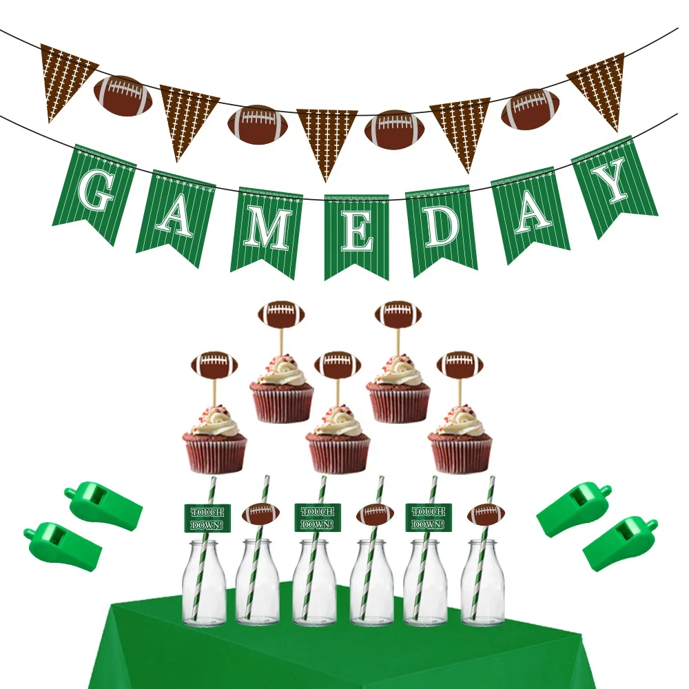 Football theme party supplies Football flag banner Cupcake Toppers Straw kit