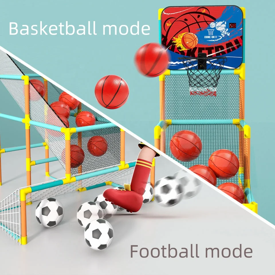 New Hot Sale 2 in 1 Kids Sports Game Basketball Soccer Basketball Hoop Soccer Goal Set with Scoring Function