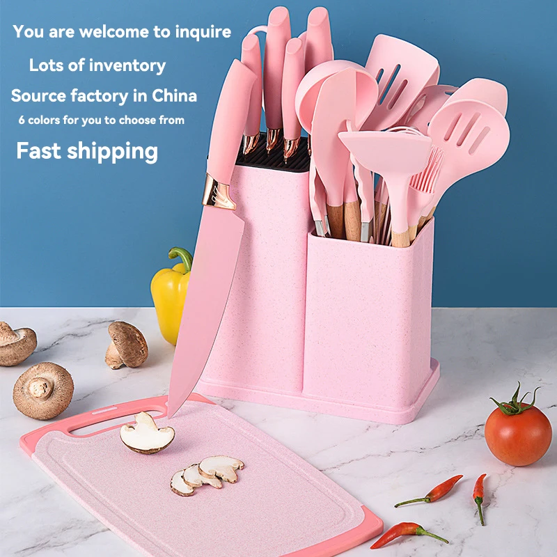 Online Hot Sale 19pcs wood handle silicone kitchen utensil sets with storage holder cooking tools