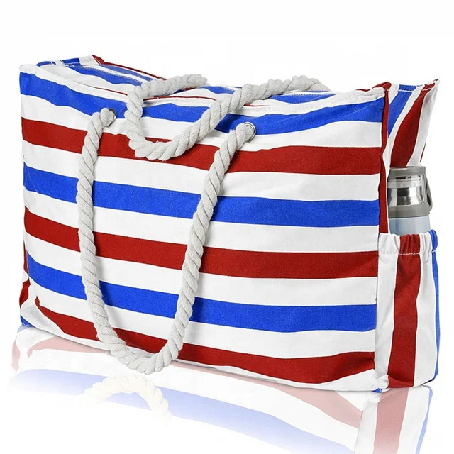 
Customized Women Cotton Canvas Rope Handle Wholesale Tote Zipper Foldable Beach Towel Bag 