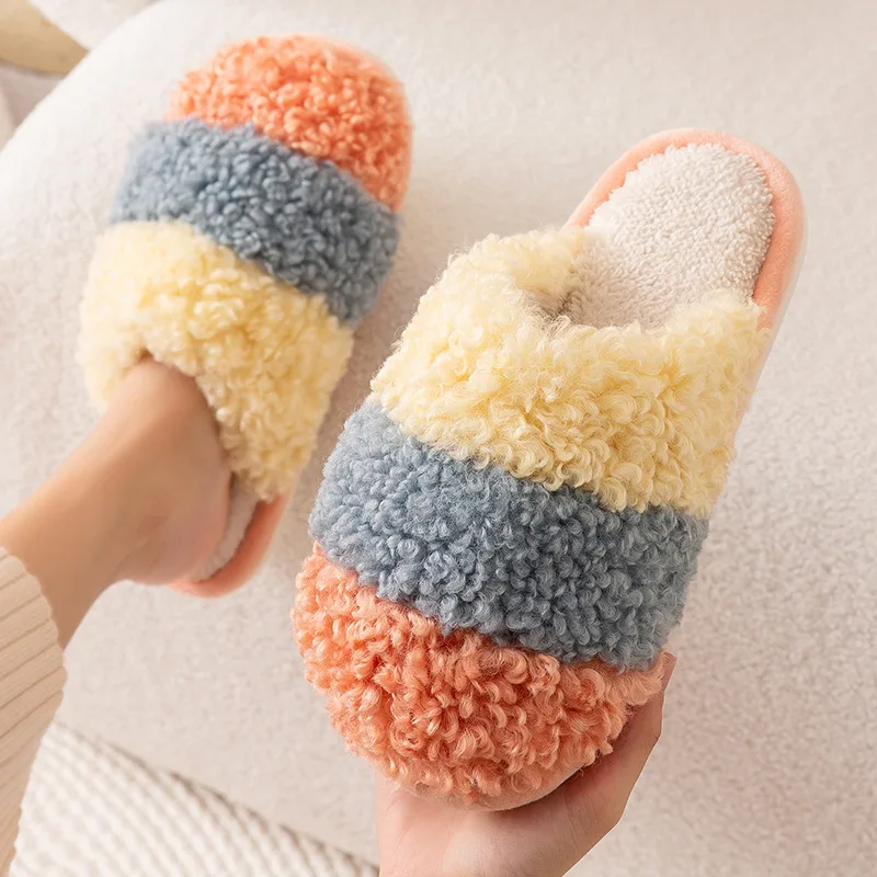 Fashion Non-slip thick-soled indoor soft-soled plush slippers winter faux fur men and women slippers