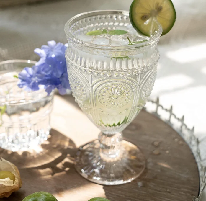 Colored Wine Goblets, 10 Oz Wine Glasses with Embossed Pattern, Vintage Glassware for Party, Wedding, Bar, Wine, Juice,Customize