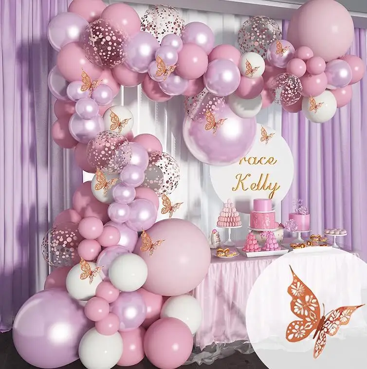 140 pcs Pink Balloon Garland  Lilac Purple Chrome Confetti Balloon arch kit Wedding party balloons With Butterfly Stickers