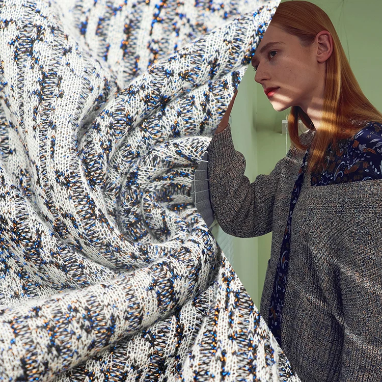 Shiny metal wire polyester spandex 190gsm custom stretch rib jacquard knit fabric for sweater garment