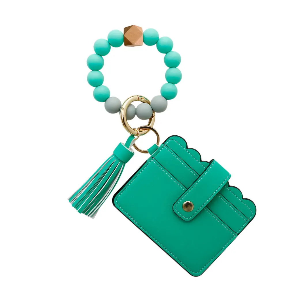 DDA2414 Fringed Bangle Wristlet Keyring Credit Card Silicone Bracelet Key Chain PU Leather Tassel Beads Wallet Keychain