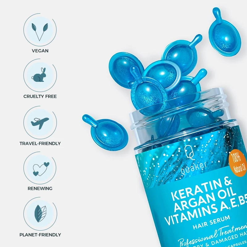 Qquaker Wholesale Custom Frizzy Damaged Hair Loss Treatment Serum Vitamin C E Oil Capsules For Hair Smooth Silky