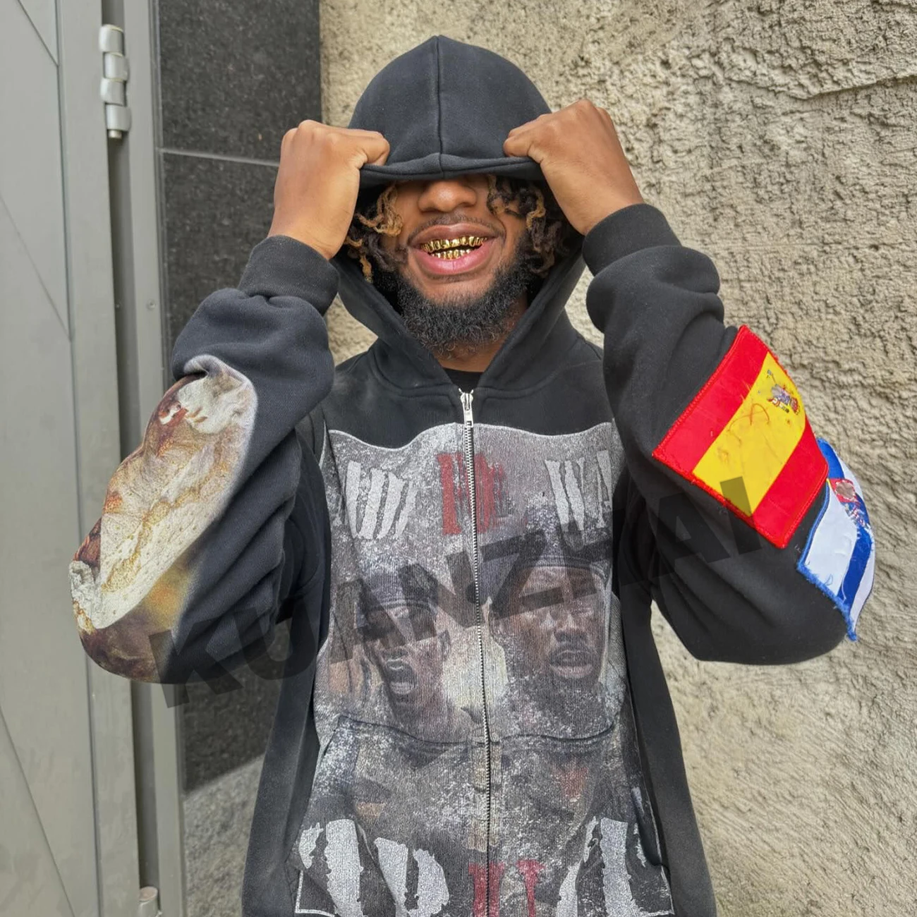 Custom manufacturer boxy fit sun faded acid wash 500gsm double zipper graphc baggy oversized heavyweight zip up man hoodie