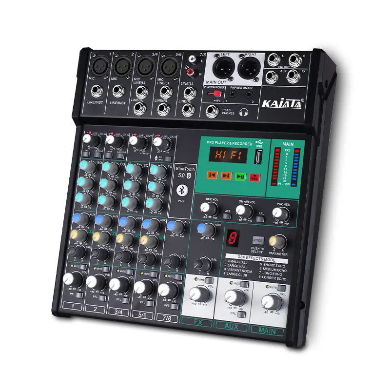 KAIKA AR8- 5 The new 4-channel stereo mixer has built-in digital 8 DPS effect. Audio mixer with silent mode and USB interface