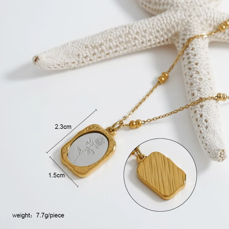 Vintage 18K Gold Plated Magic Mirror Stainless Steel Rose Flower Round Beaded Chain Pendant Necklace