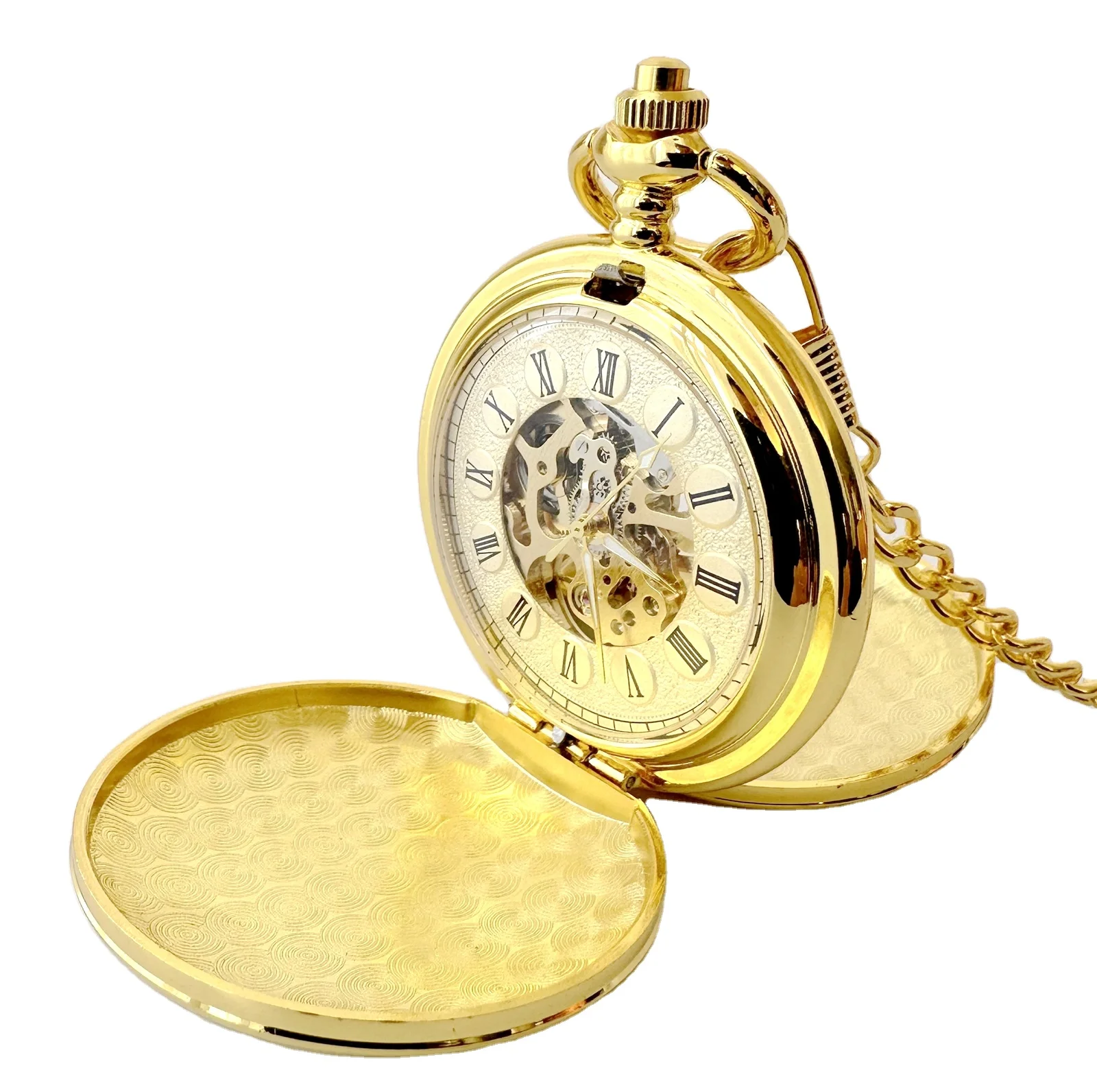 Smooth Gold Retro Hand Wind Double Side Smooth Roman Mechanical Pocket Watches