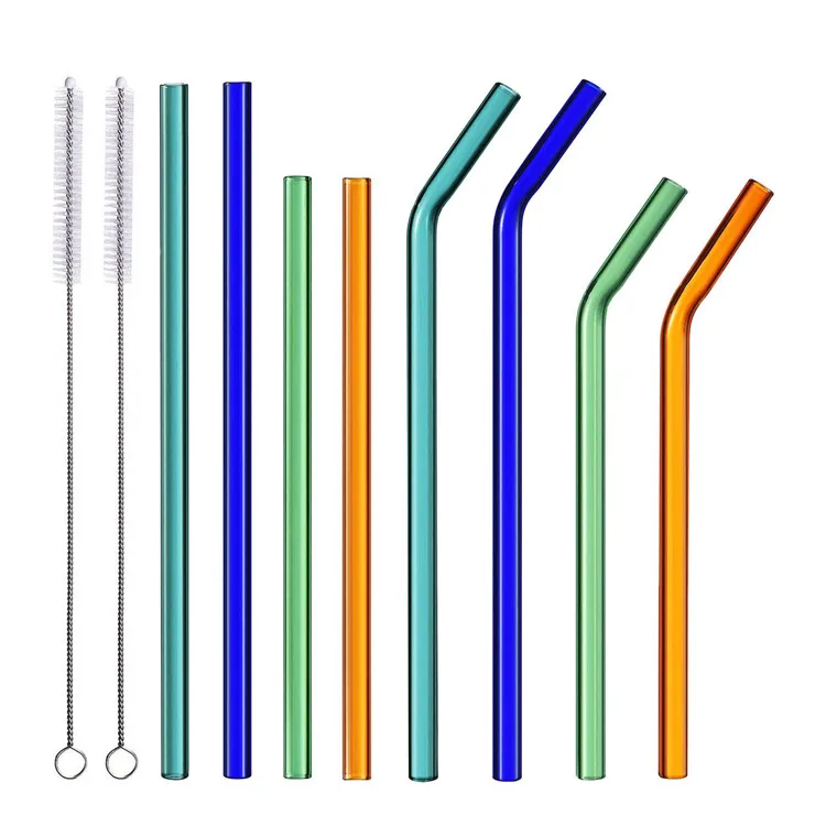 
Reusable Borosilicate Straight And Bent Color Glass Straws With Cleaning Brush 