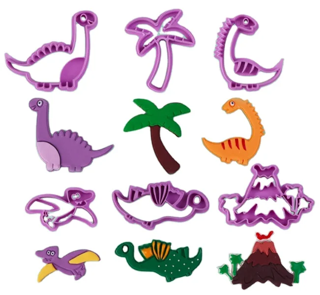 
3D Plastic Super Quality Purple 3D jurassic period dinosaur Sandwich Vegetable Fruit cookie cutter Stamp Mould Mold set 