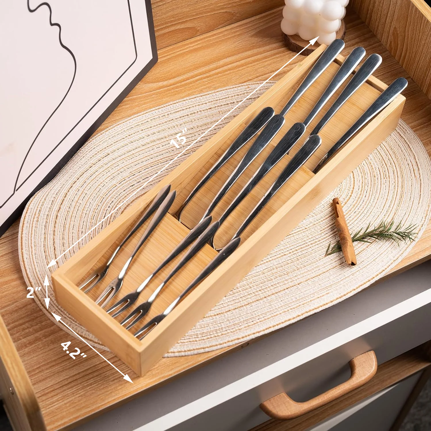 Compact Bamboo Utensil Drawerrs for kitchen Organizer Silverware Tray for Kitchen Cutlery Flatware Spoon Knives storage