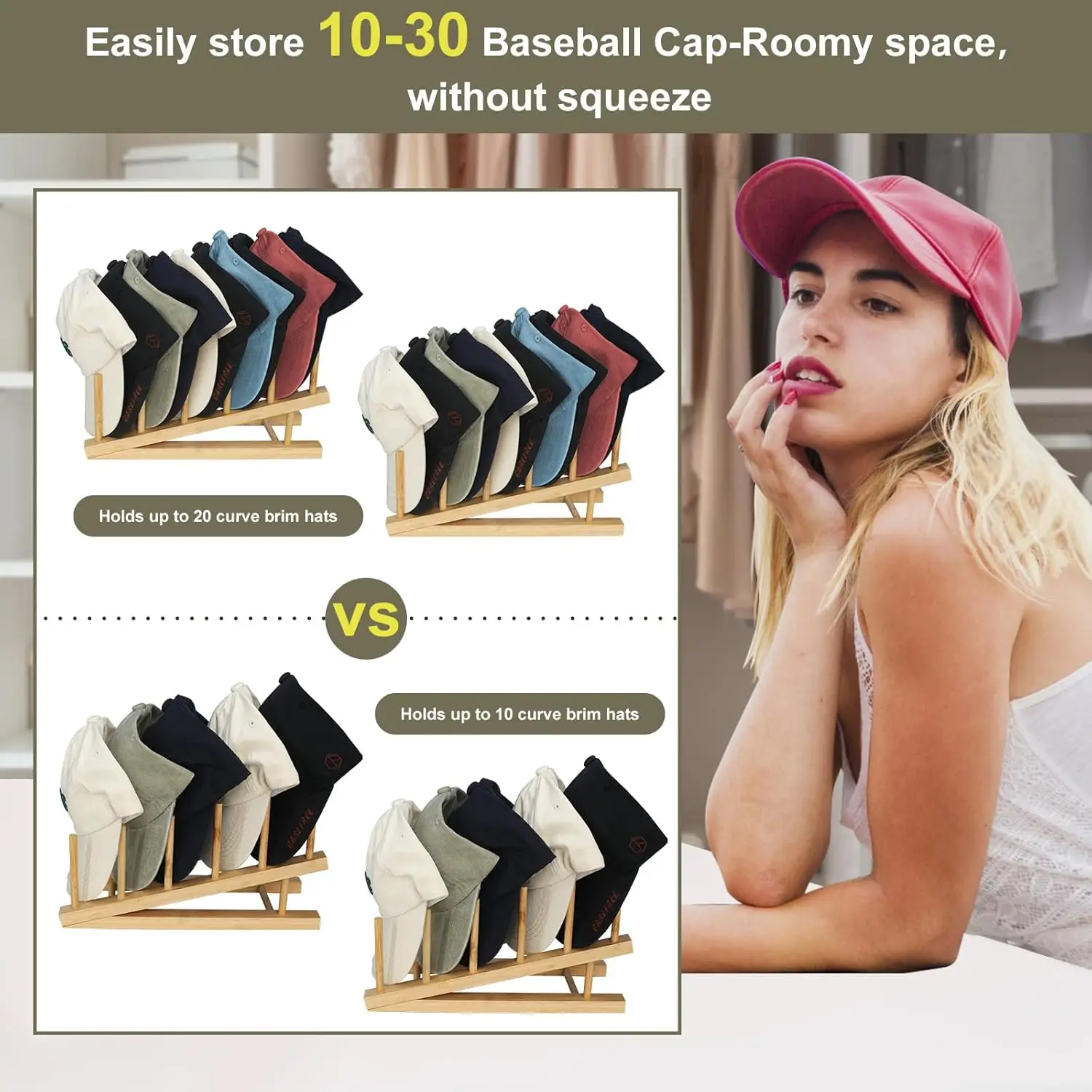 202408 Bamboo Hat Rack Upgrade Hat Organizer for Basecap Compact Wooden Hat Holder up to 30 Caps Organizer