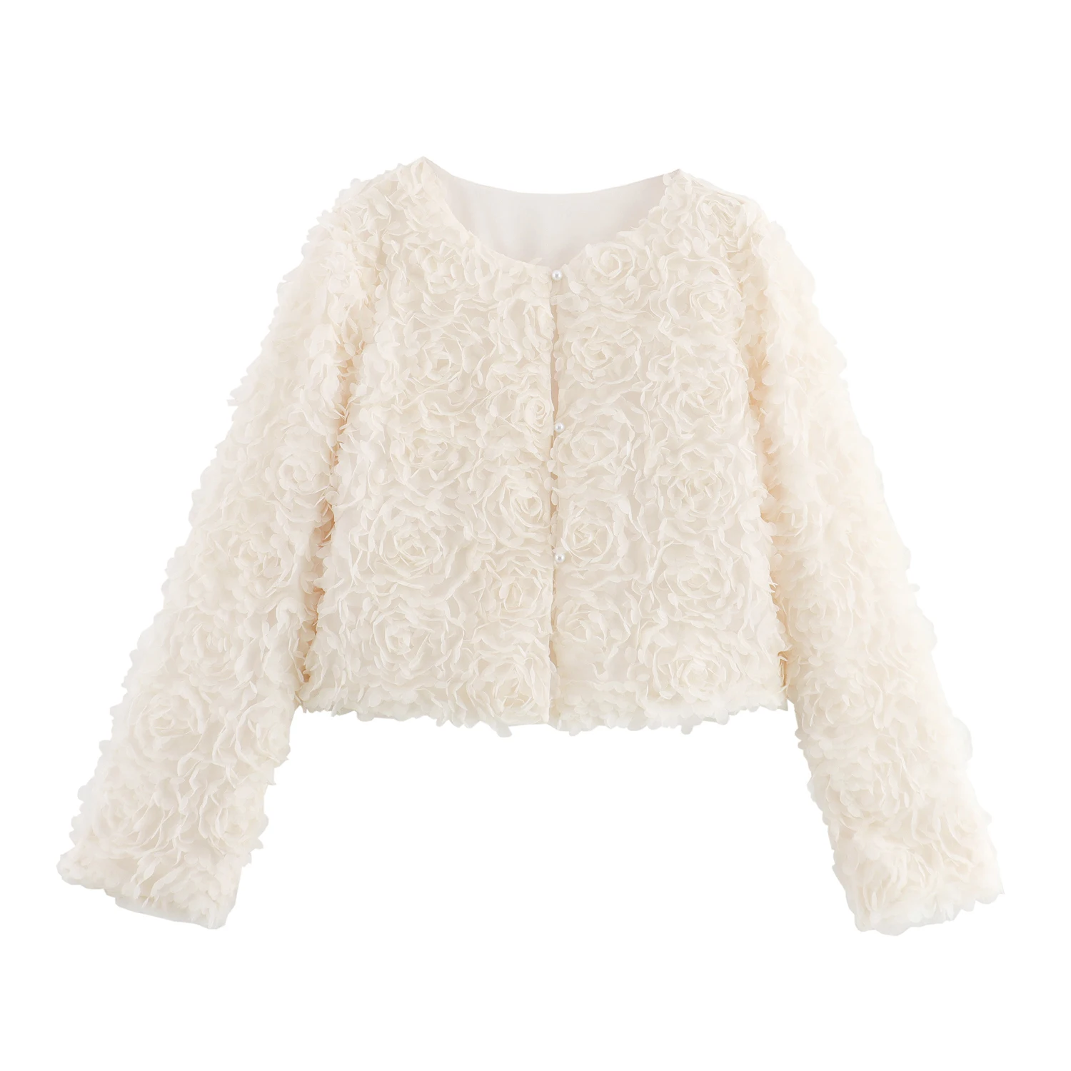 Crew neck beige color long sleeve buttons up casual fashion jacket for women