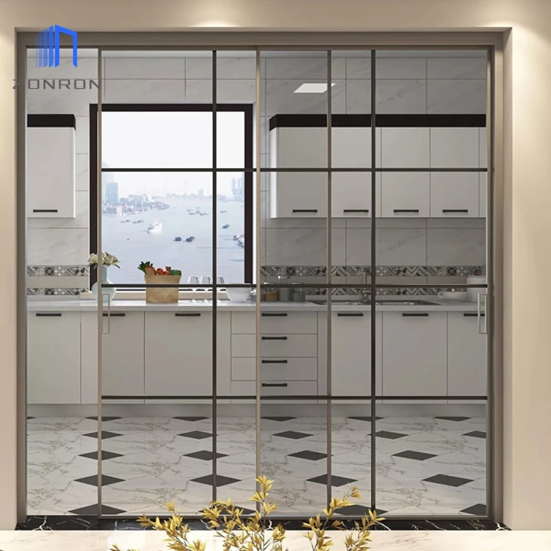 Zonron Kitchen Aluminum Alloy Tempered Glass Sliding Door Very Narrow Office Sound Insulation Sliding Door Toilet Partition Door