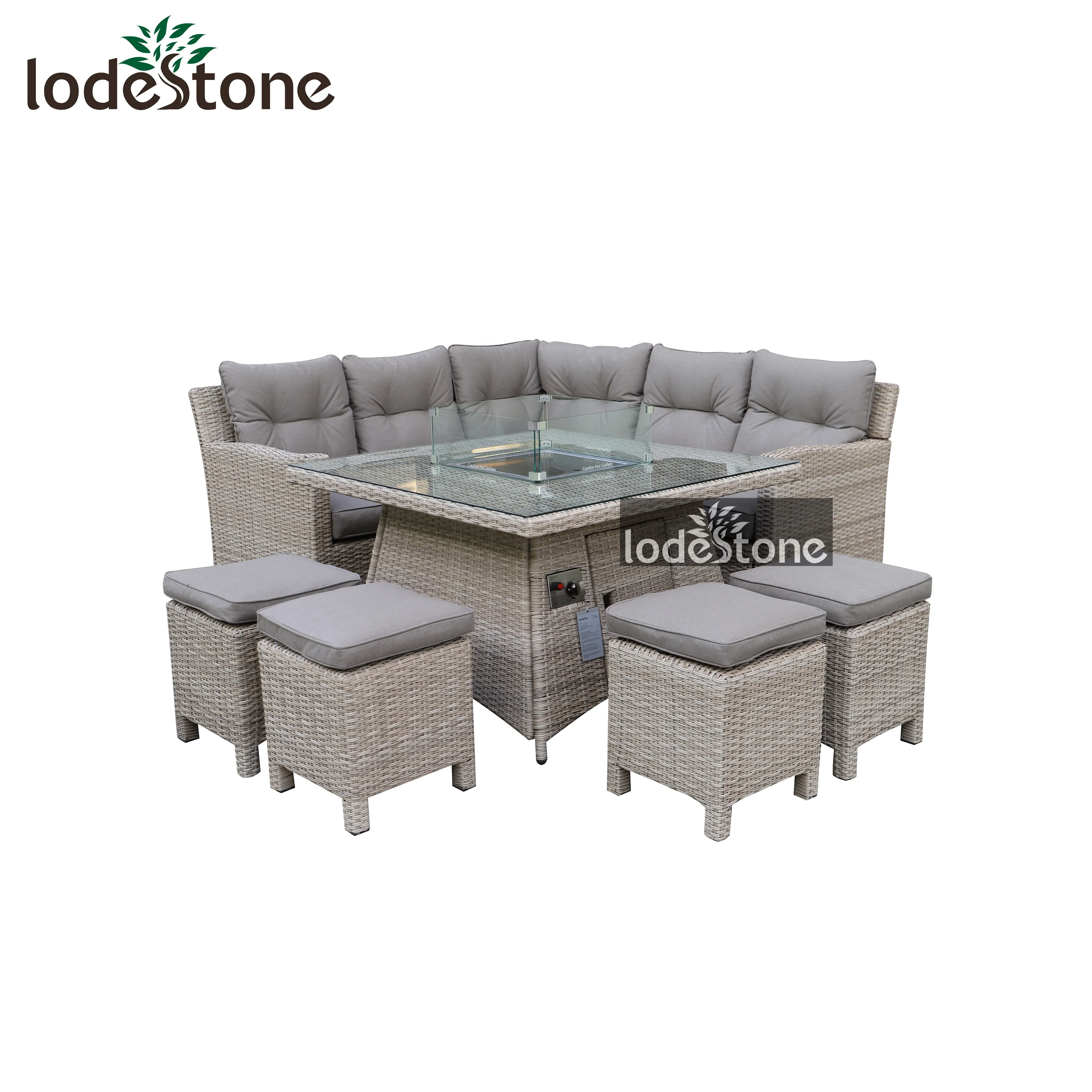 
5pcs garden aluminium rattan corner dining sofa set with gas firepit 