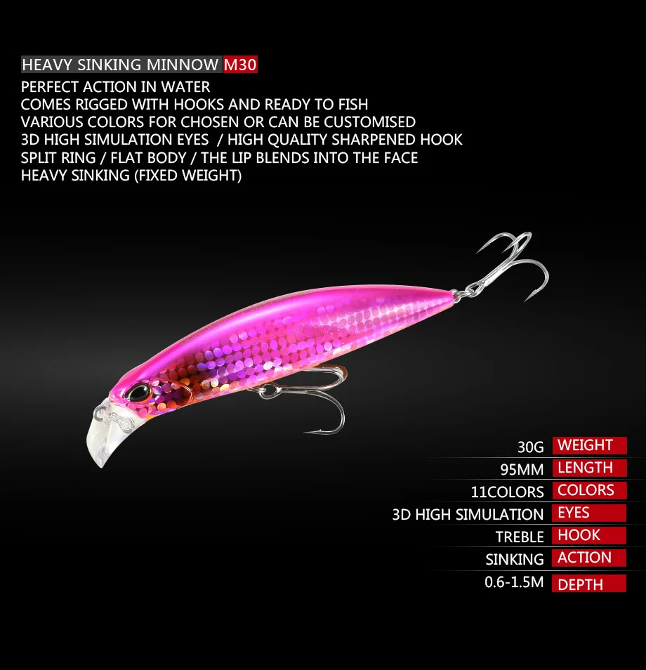 New Products 95mm 30g Lifelike 3D High Simulation Eyes Heavy Minnow Sinking Lures with Sharpended Hook