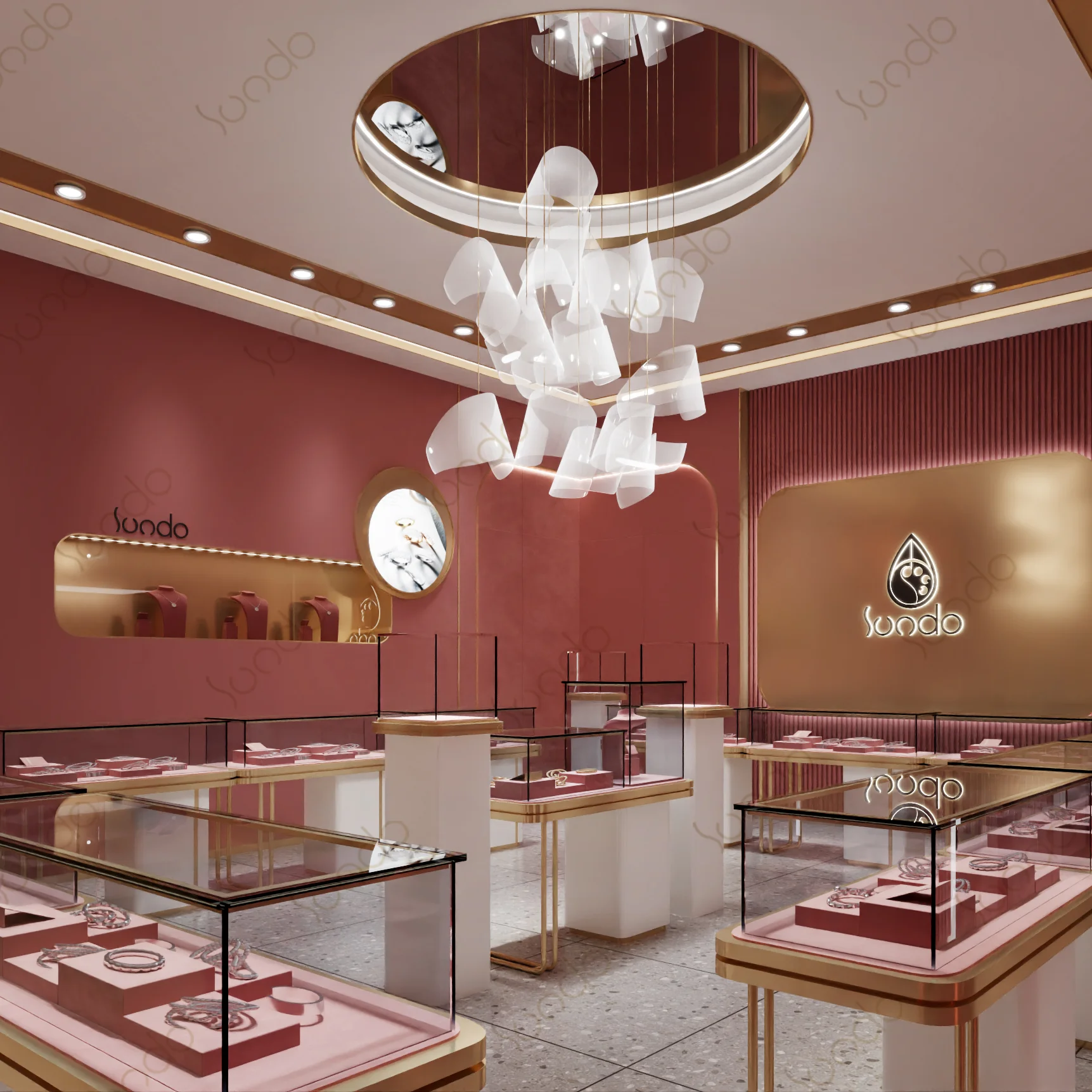 custom material vertical Display Cabinet professional design counter jewelry display pink jewelry shop showcase