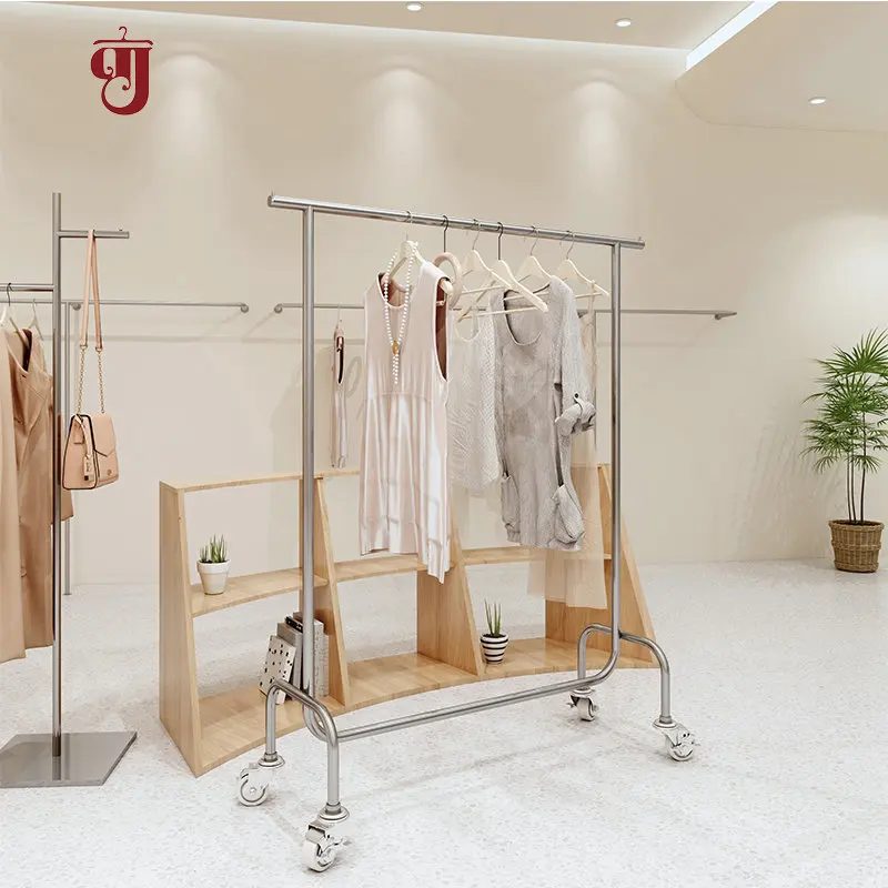 Display rack clothing store hanger floor stainless steel brushed silver island hanging rod with wheels