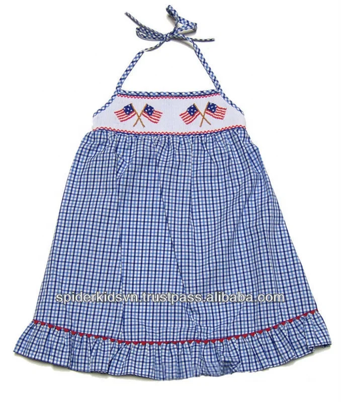 Infant/Toddler Girl Blue Gingham Smocked American Flags Dress