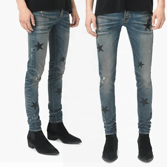 OEM new designs wholesale patchwork torn destroyed denim skinny jeans for men