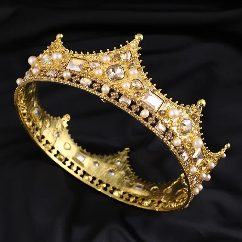 16cm baroque luxury round tiara jewelry rhinestone vintage crown diamond king queen crown