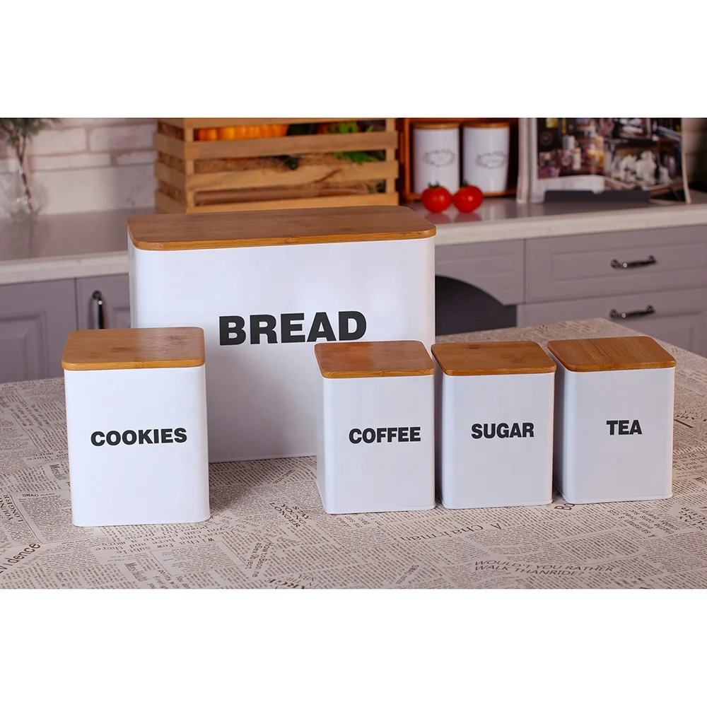 5 Piece Metal Bread Bin Canister Set With Bamboo Lid Kitchen Bread Box And Canister Set
