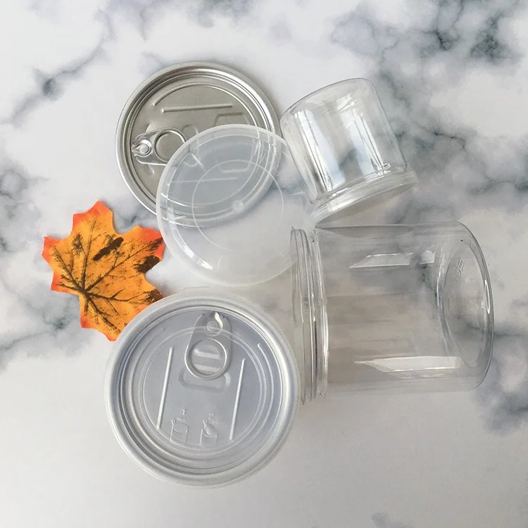Food Grade 100-1000ml plastic cans sealed jar for food canned packing. clear PET top open easy pull ring jar with aluminum lid