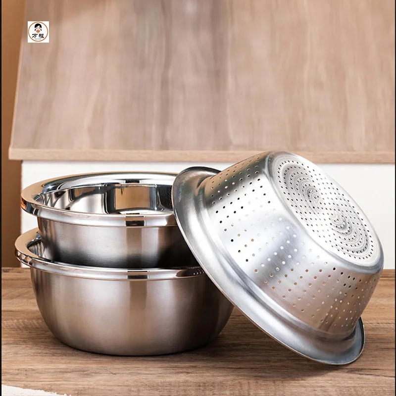 Kitchen Household Five-Piece Bowls Set Stainless Steel Seasoning Basin Set Vegetables Rice Washing Basin With Filter