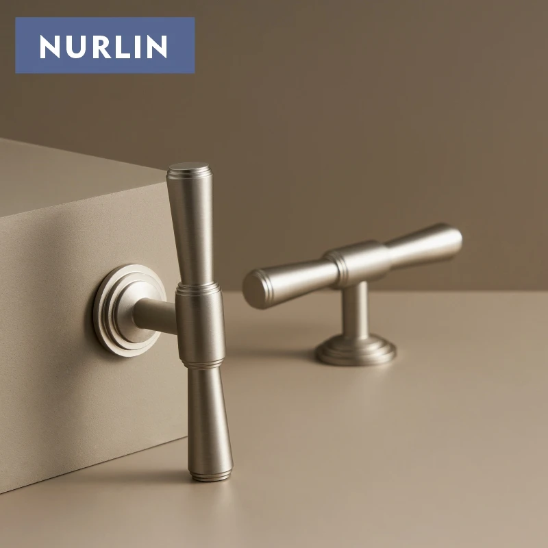 Nurlin Solid Brass Nickel Brushed Luxurious Silver French Modern Cabinet Handles Tbar Wardrobe Knobs