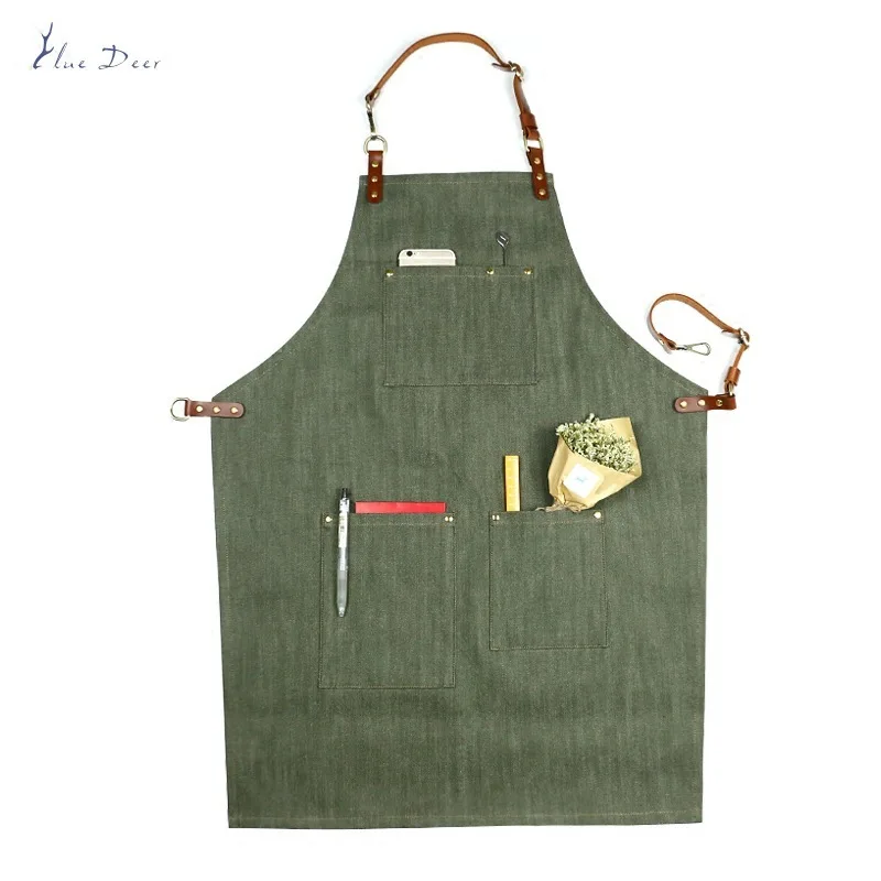 Simple military green denim apron Fresh flower shop Dessert shop Designer Cafeteria apron