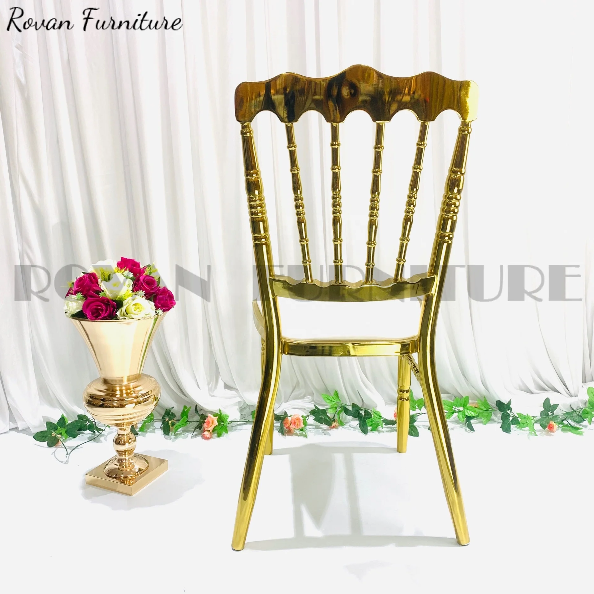 Mid Century Modern stainless steel upholstery Dining white leather napoleon chiavari chair gold stackable wedding event Chair