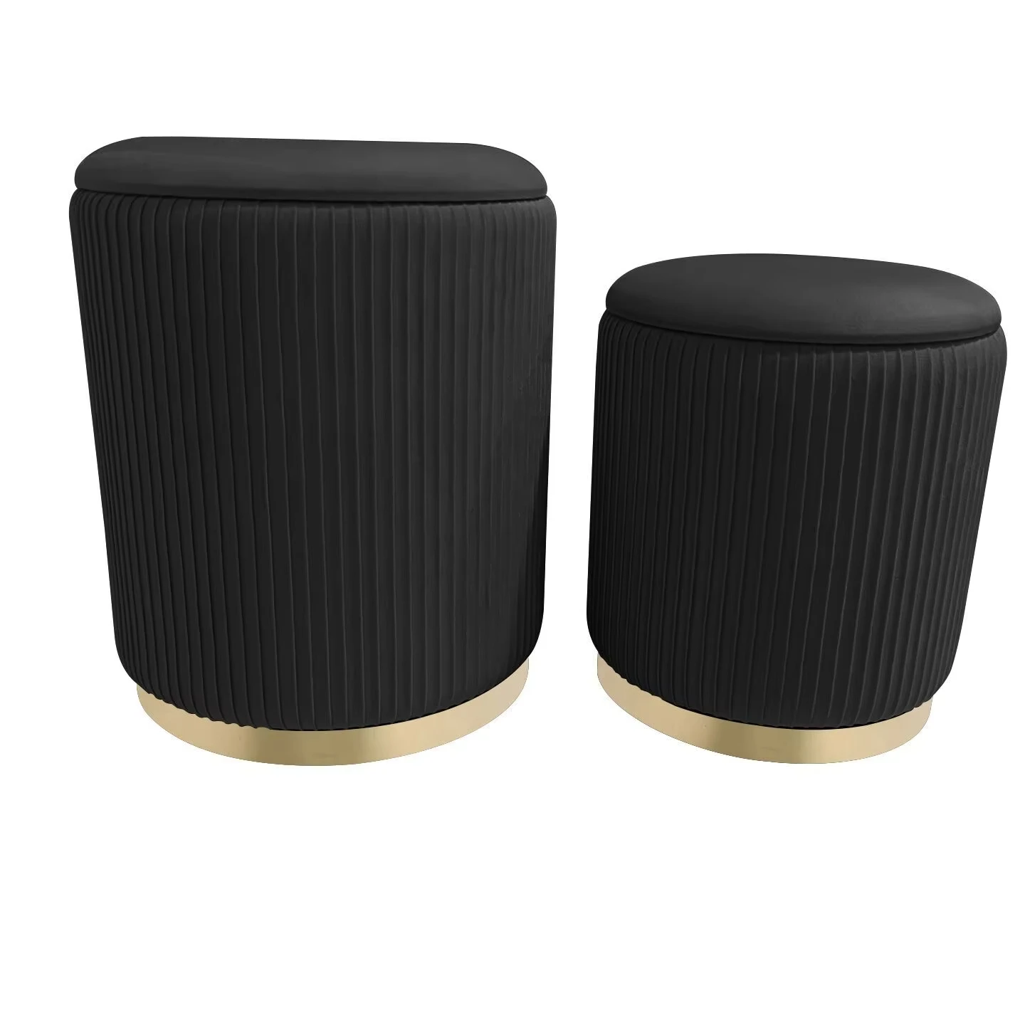 Bailey Furniture  Round Storage Ottoman Chair Velvet Wooden With 3.8cm Golden  Base Set of 2 Pouf for Living Room