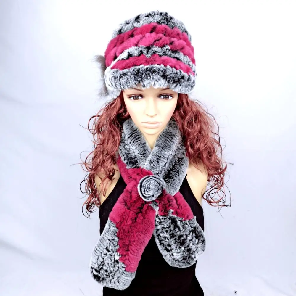 New Real Rex Rabbit Fur Women's Autumn And Winter Warm Caps Ear Fox Fur Ball Jewelry Fashion Rabbit Fur Knit Hat Female