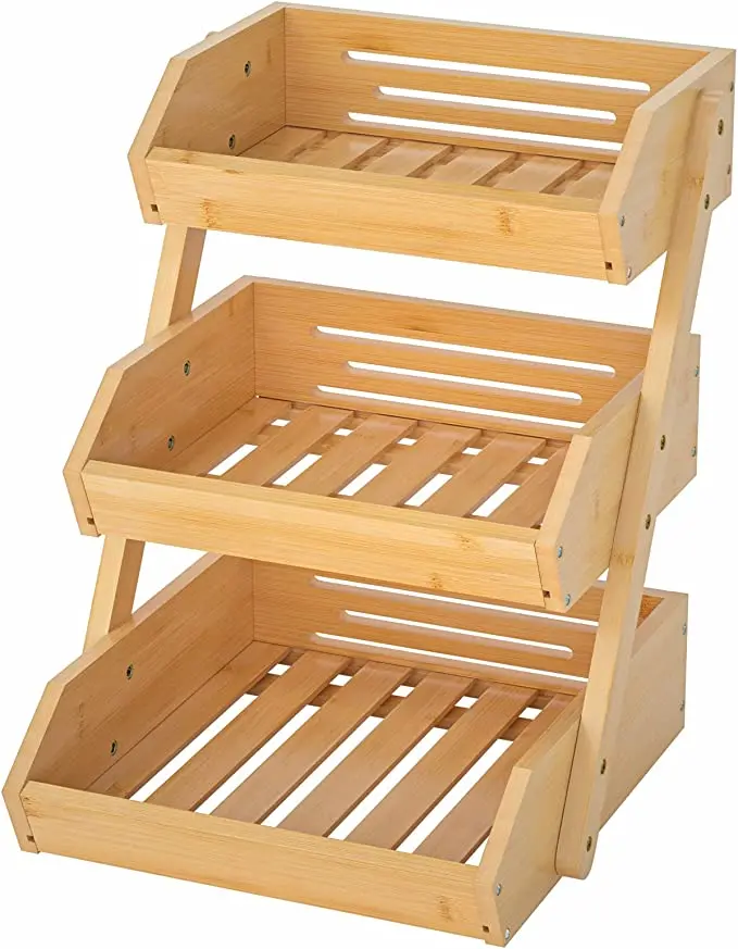Addreen Wholesale 3-Tier Bamboo Wood Fruit Shelf for Kitchen Countertop vegetable Storage Rack Large Bamboo Fruit Basket