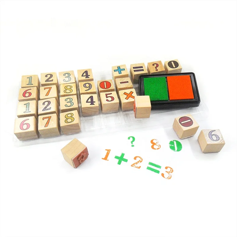 Children Toys Custom Personalised Alphabet Letter Number Wooden Stamp Set for Kids With Ink Pad