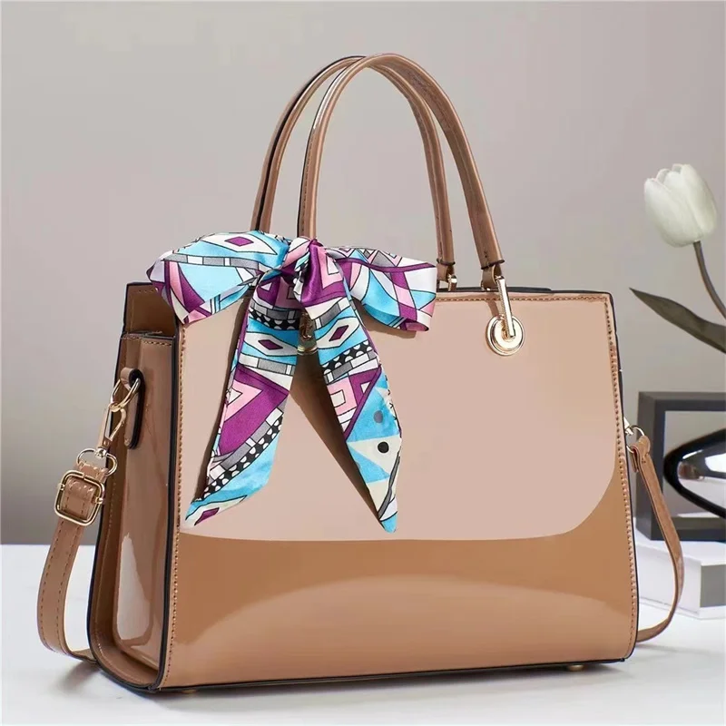Versatile Solid Color 2024 New Bright Leather Large Capacity Middle Aged Mom One Shoulder Women Bags Handbags