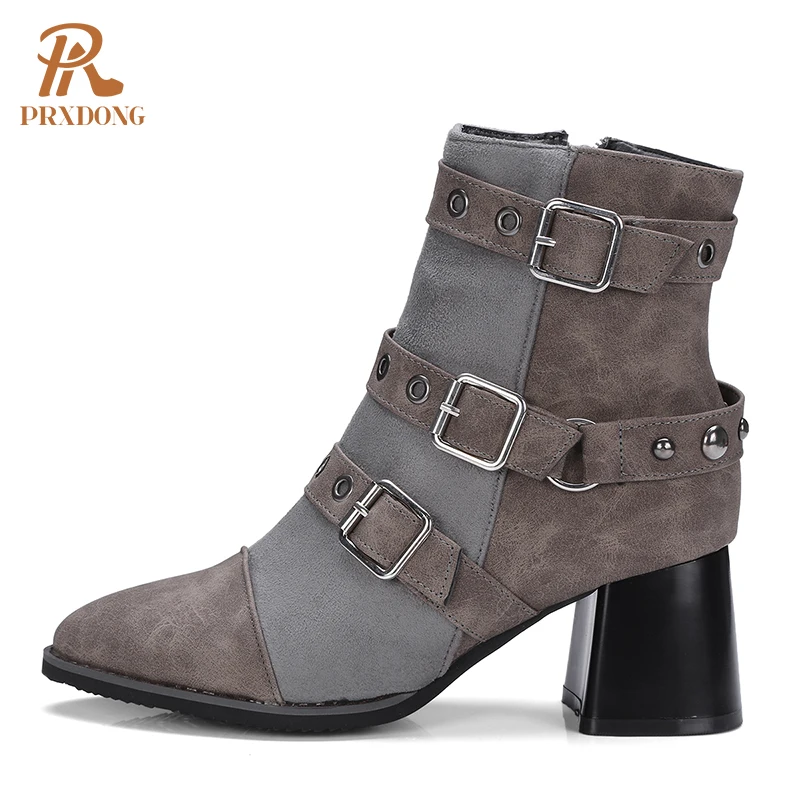 Boots Motorcycle Punk Boots Side Zipper Metal Buckle Platform PU Leather Women Ankle Boots 2021 Fall Winter High Heels Shoes 45