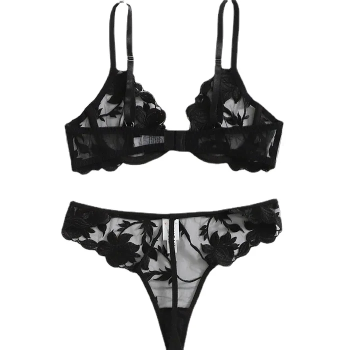 Amazon AliExpress sexy sexy bra set see-through mesh black embroidered 2 piece lace lingerie