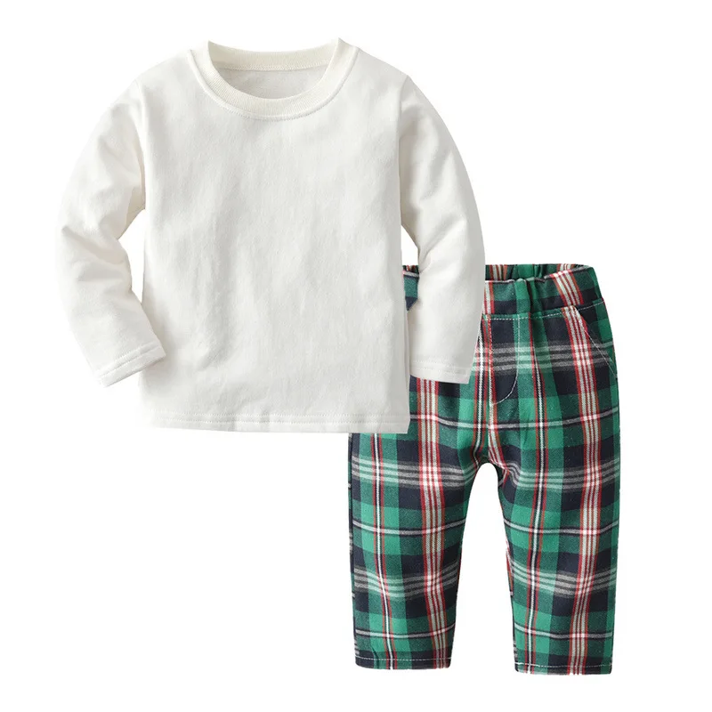 chinese factory kids cotton pajamas sets round neck t-shirt pants white