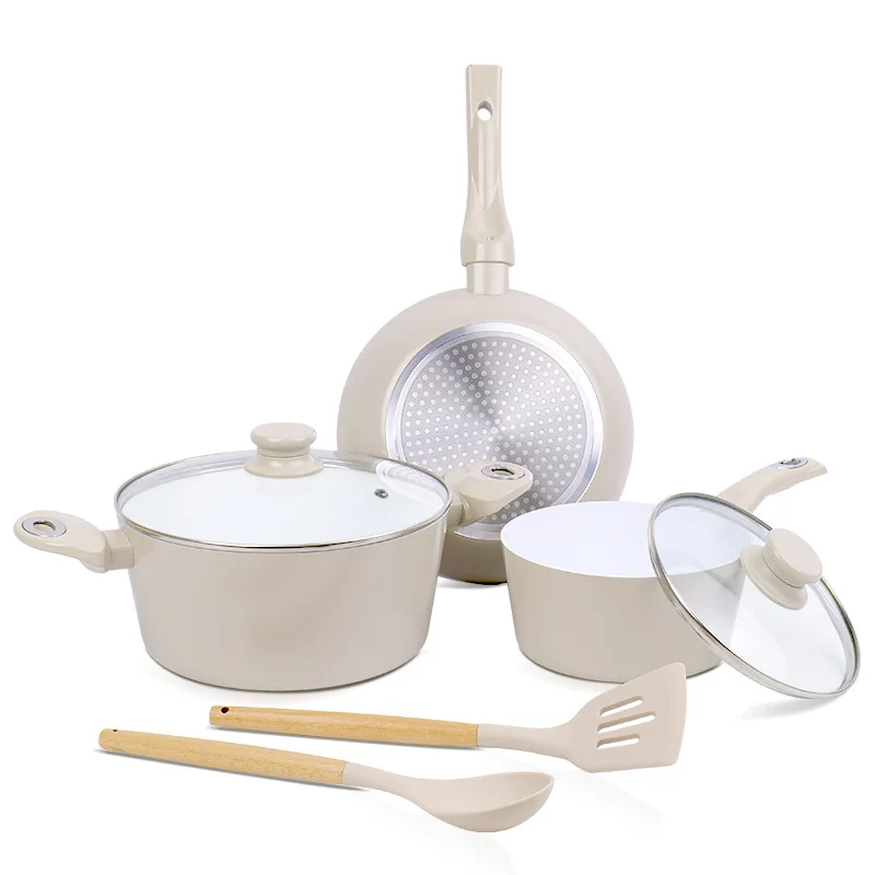 Home Kitchen Forged Aluminum Healthy Ceramic Pots and Pans Cookware Set 7-Piece Set Frying Pan Saucepan with Lid Soup Pot