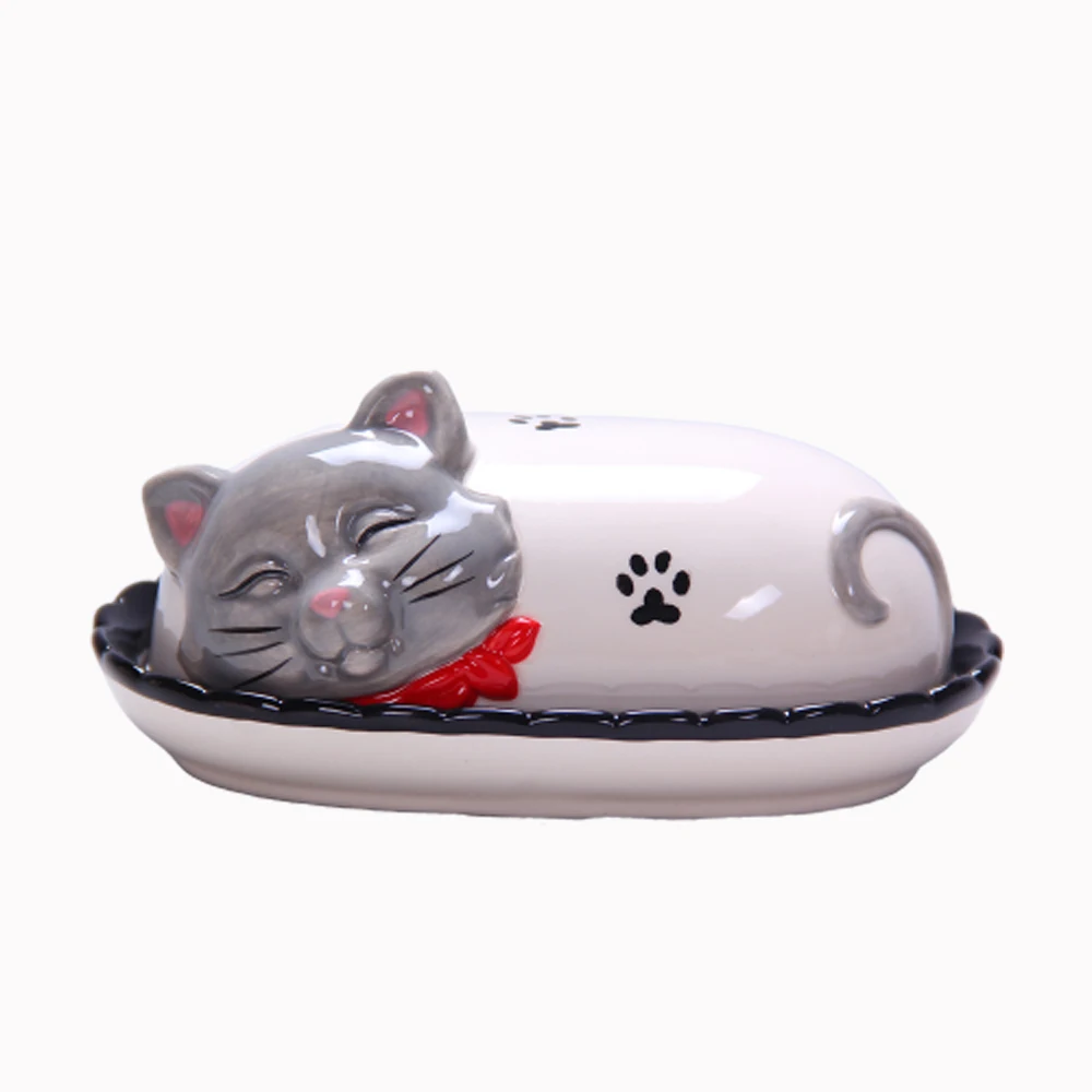 Custom 3D animal cute cat design grey 3d decorative plate ceramic plate with lid serving plate with a lid