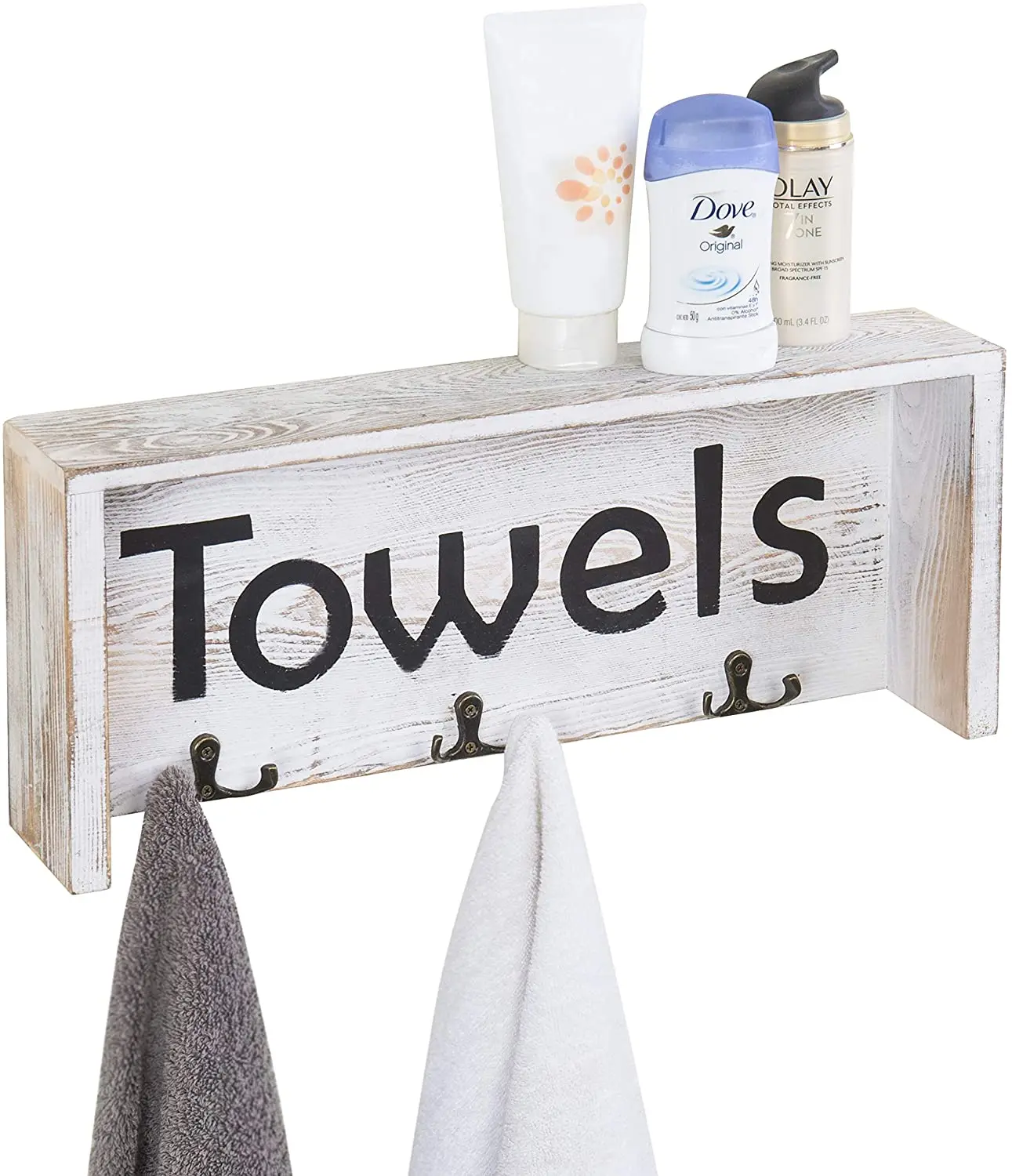 3-Dual Hook Shabby Whitewashed Wood Wall Mounted Towel Hanging Rack