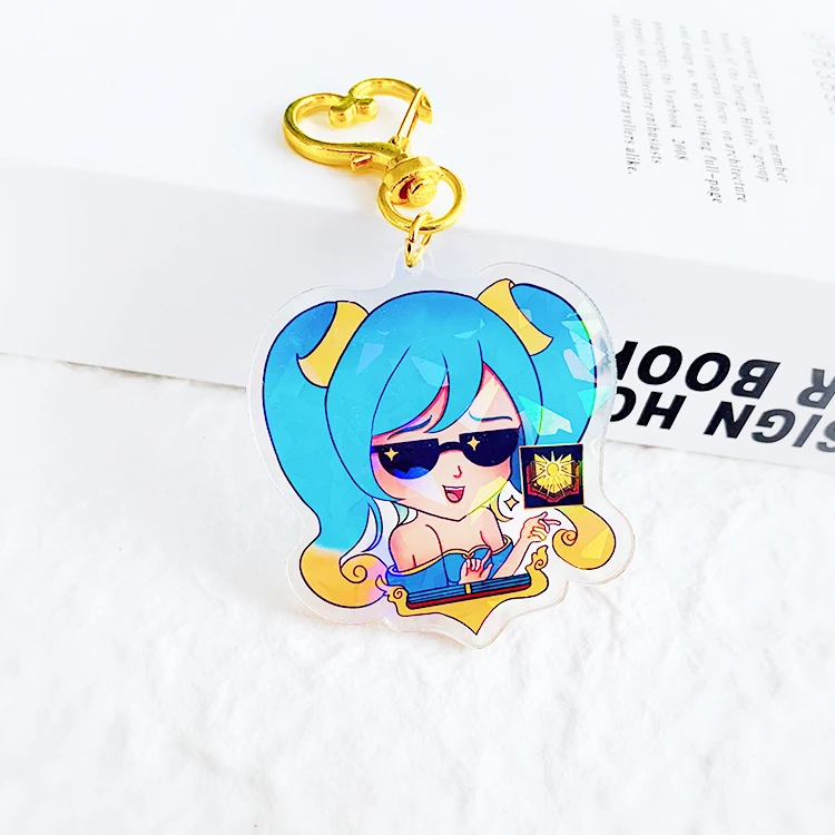 
2021 Custom New Design High Quality Holographic Keyring Cartoon Glitter Transparent Acrylic Keychain 