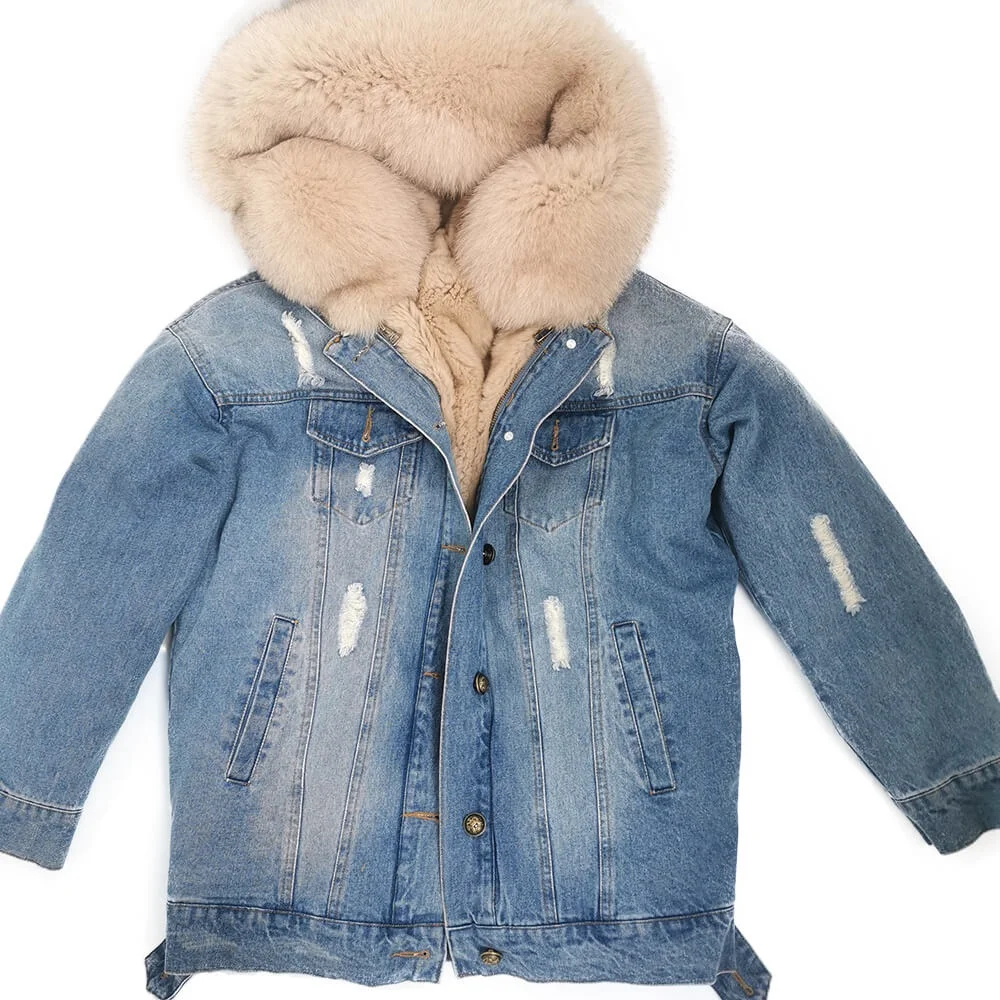 Real Fox Fur Collar Parka Coat Thick Detachable Soft Genuine Rex Rabbit Fur Lining Denim Fur Jacket Women