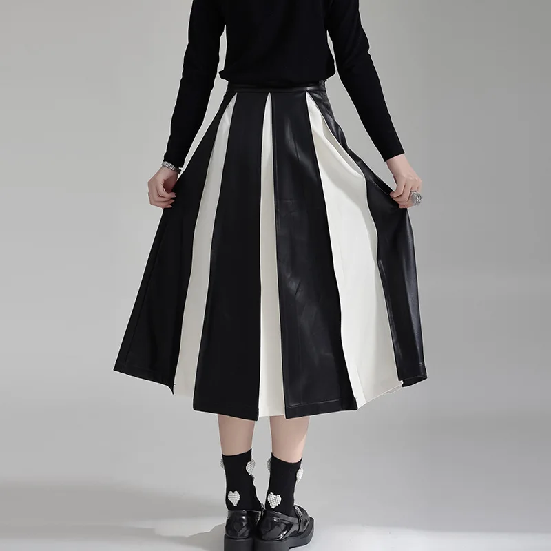 Fashion Leather patchwork Skirt New Thick Niche Color-Block Knitted Skirt Slim A-line Long Knitted Umbrella Skirt
