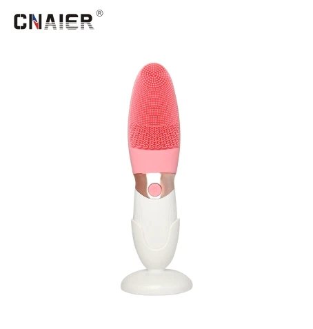 Electric Handheld Portable Waterproof Sonic Vibration  Facial Cleansing Brush Long Handed Silicone Face Massager