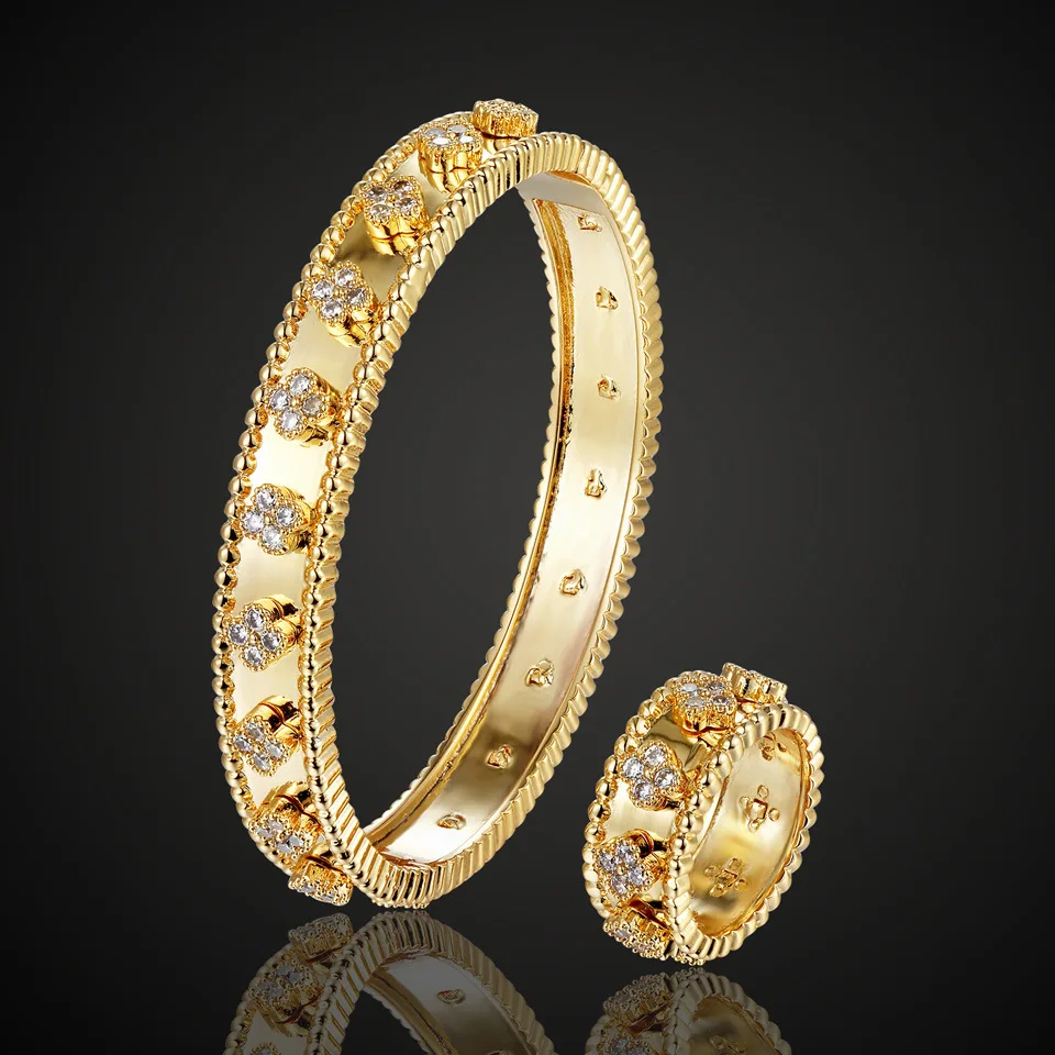 Fashion 2PCS Bangle Ring Set 18k gold plated Jewellery Sets For Women Wedding Engagement Jewelry Set